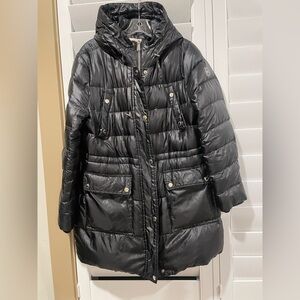 Michael Kors Shiny Black Hooded Long Puffer Coat